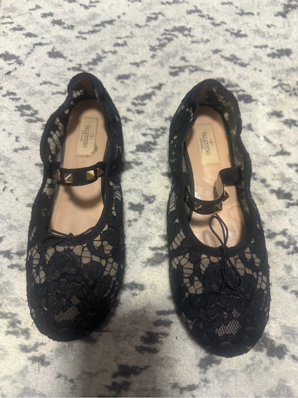 Valentino Black Lace Mary Jane Flats with Gold Rockstuds